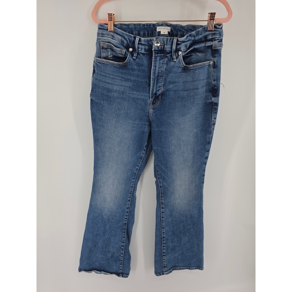 Good American Good Petite Flare Jeans Blue Medium Wash Distressed Size 15